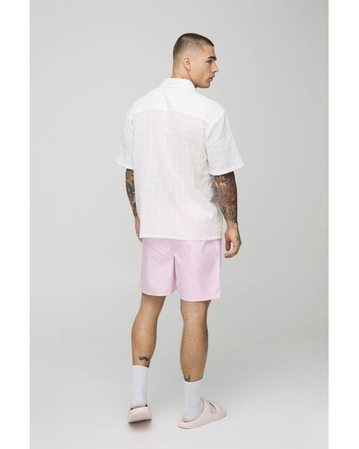 BoohooMAN Pink Small Stripe Print Mid Length Swim Short for men
