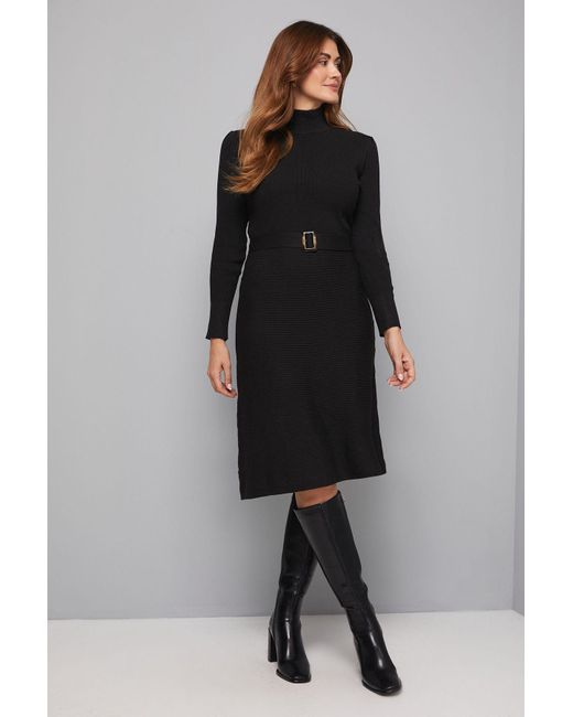 Wallis Black Rib Detail High Neck Belted Knitted Dress