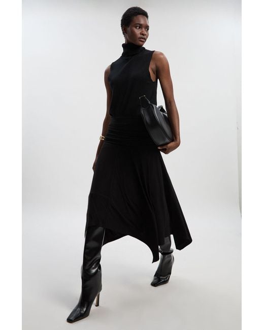 Karen Millen Black Stretch Drapey Crepe Ruched Hanky Hem Midi Skirt