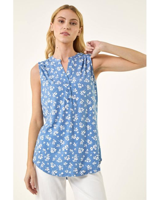 Roman Blue Floral Puff Print Vest Top
