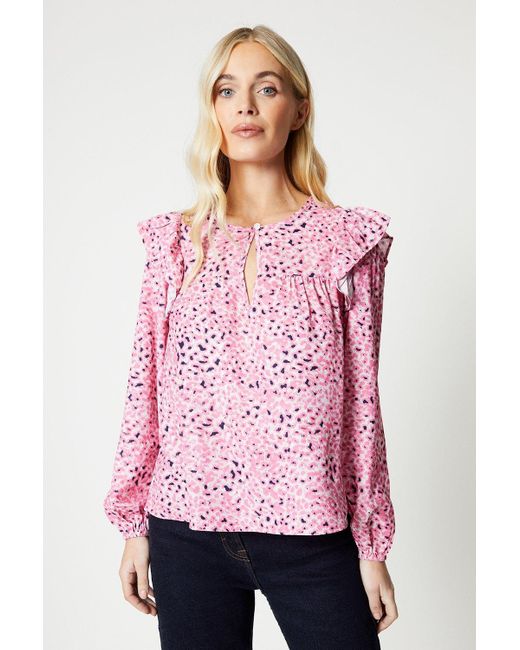 Wallis Pink Petite Animal Print Frill Shoulder Blouse