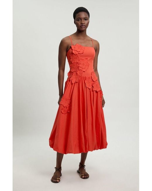 Karen Millen Red Cotton Linen 3D Floral Bubble Hem Midi Dress