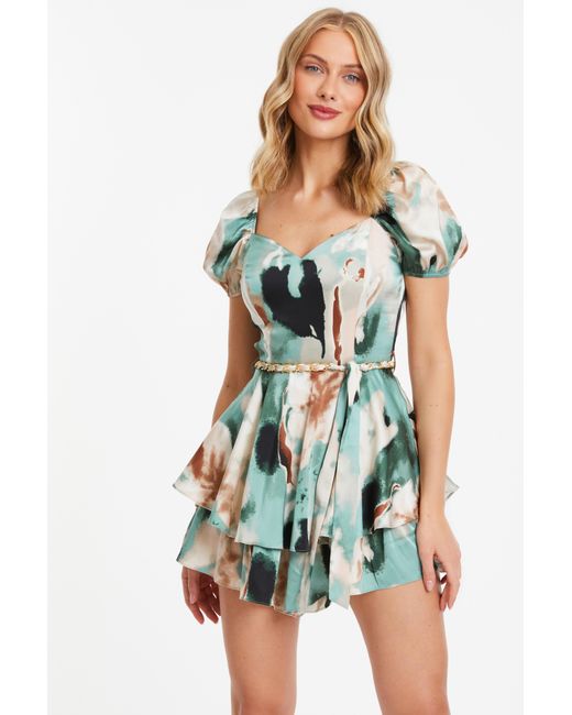 Quiz Blue Sage Marble Print Satin Puff Sleeve Playsuit