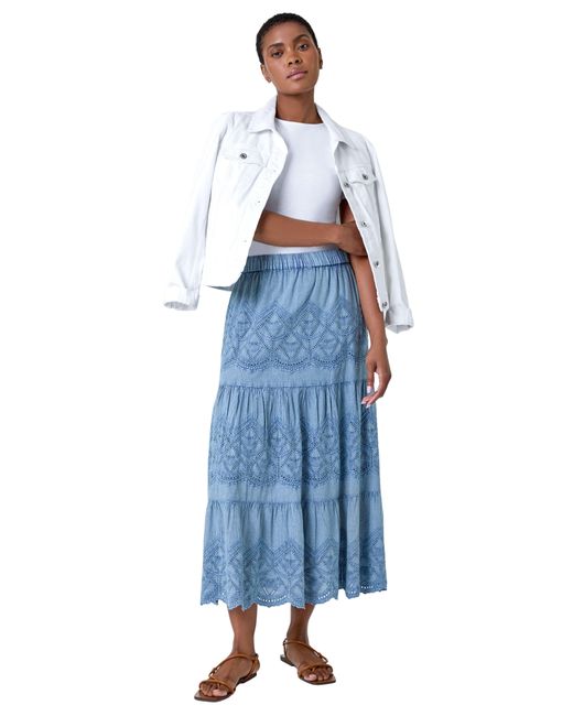 Roman Blue Broderie Elastic Waist A Line Tiered Midi Skirt