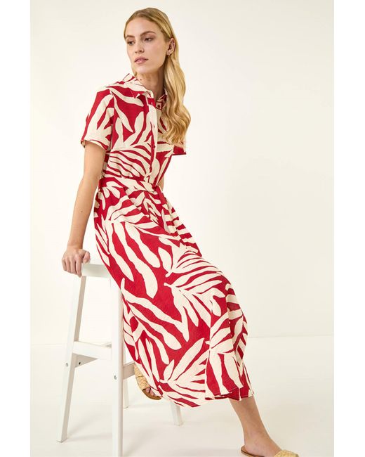 Roman Red Leaf Print Belted Midi Shirt Dress