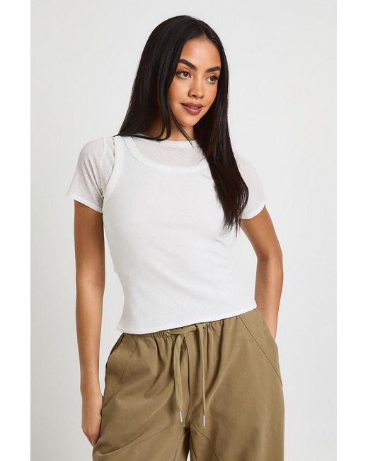 Boohoo White Sherred Textured Rib Double Layered Top