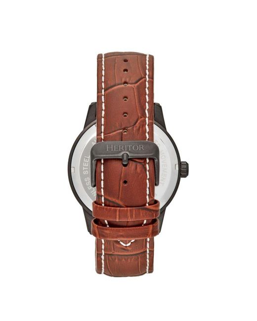 Heritor Black Davies Semi-Skeleton Leather-Band Watch for men