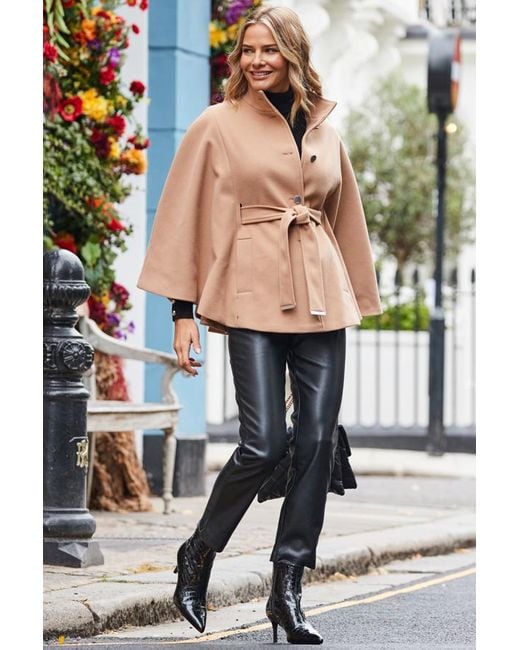 Sosandar Brown Camel Faux Wool Belted Cape Coat