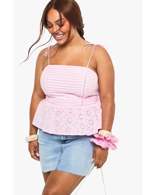 Boohoo White Plus Pleated Broderie Peplum Cami Top