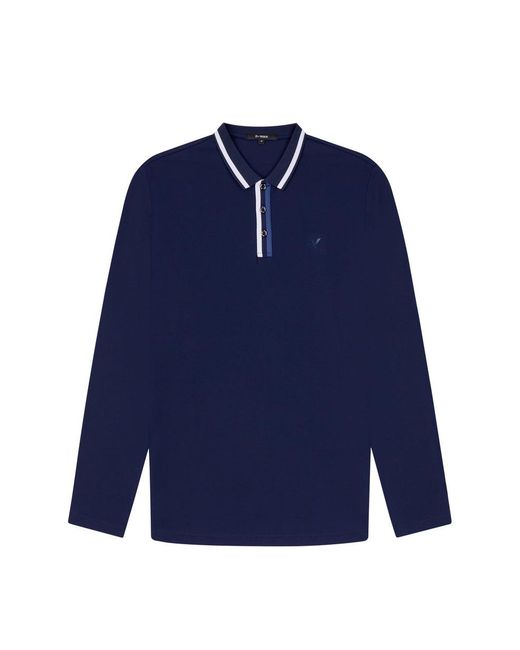 D Rock Blue Long Sleeve Polo Shirt With Dual-Stripe Collar for men