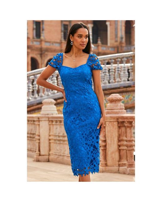Sosandar Blue Cobalt Luxe Lace Detail Pencil Dress
