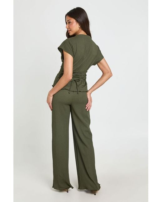 Boohoo Green Crinkle Tie Back Top Wide Leg Trouser Co Ord