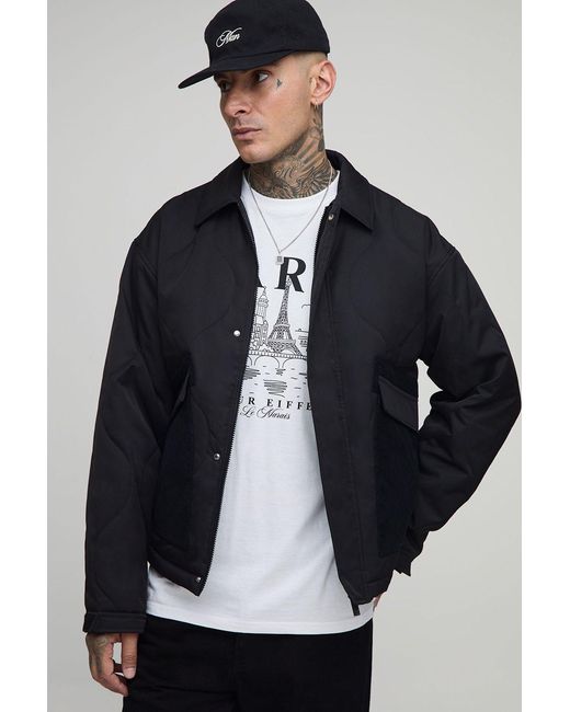 BoohooMAN Black Tall Cord Collar Quilted Oversized Jacket for men