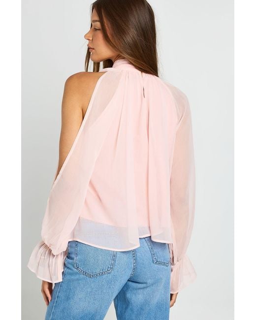 Boohoo Pink Cold Shoulder Blouson Sleeve Draped Top