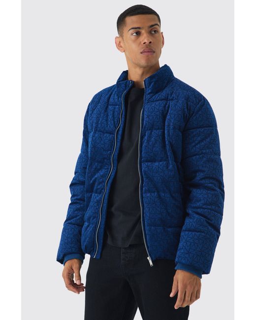 BoohooMAN Blue Man Printed Velour Funnel Neck Puffer In Navy for men