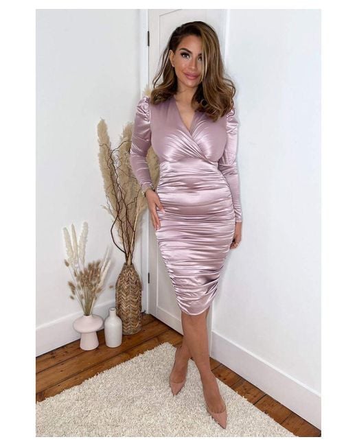 AX Paris Pink Dusty Satin Ruched V-Neck Long Sleeve Midi Dress