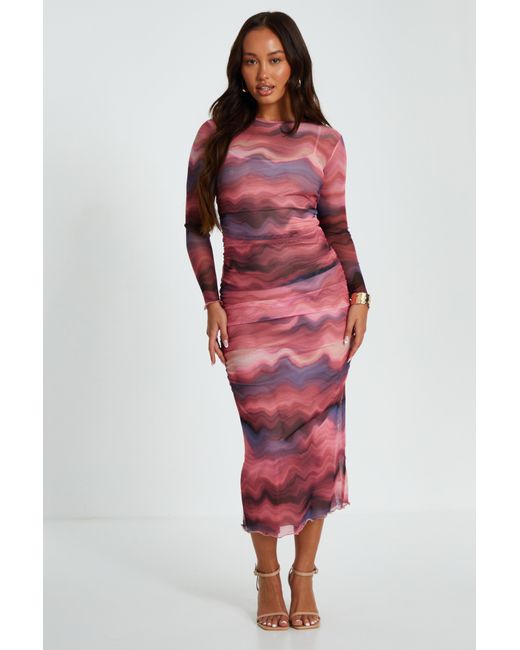 Quiz Red Petite Marble Mesh Ruched Maxi Dress