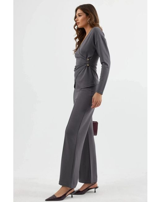 Hiccup Gray Accessory Detail Blouse & Pants Two-Piece Set