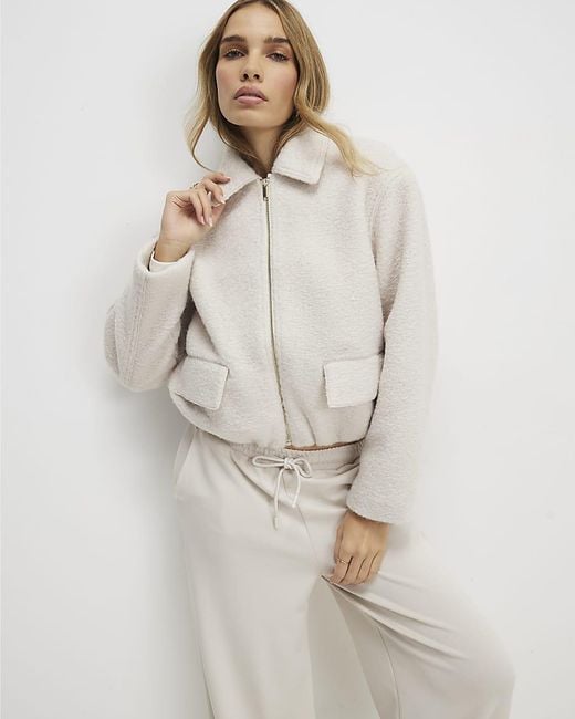 River Island Natural Jacket Boiled Wool Harrington Zip