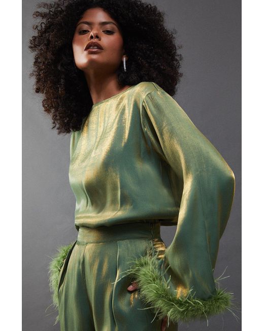 Warehouse Green Iridescent Satin Feather Cuff Relaxed Top
