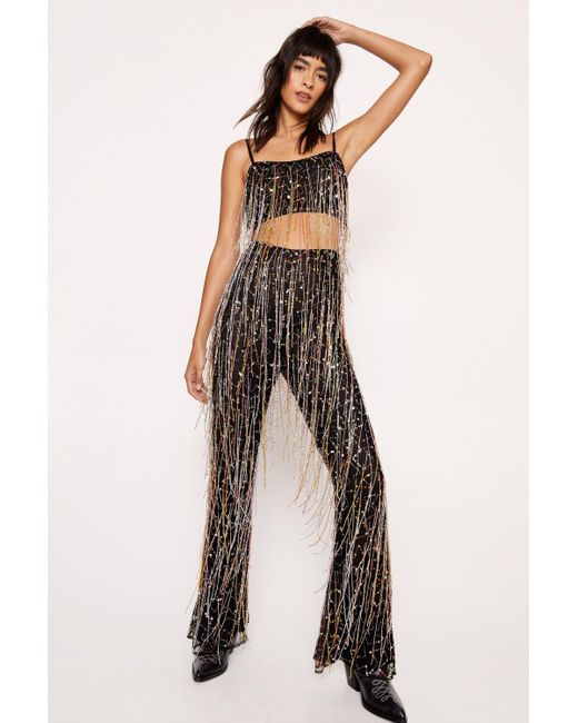 Nasty Gal Black Sequin Tassel Beaded Flare Pants
