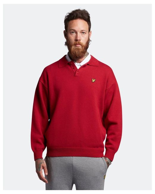 Lyle & Scott Red Blouson Long Sleeve Knitted Polo Shirt Plus Cotton for men