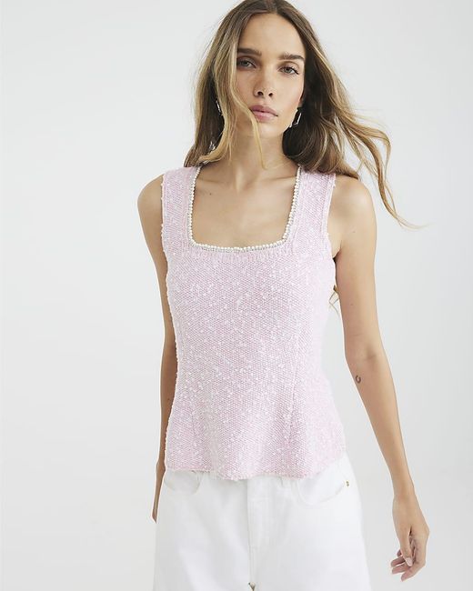 River Island White Vest Boucle Embellished Trim