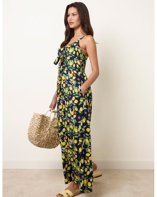 Blue Vanilla Green Lemon Print Front Tie Jumpsuit