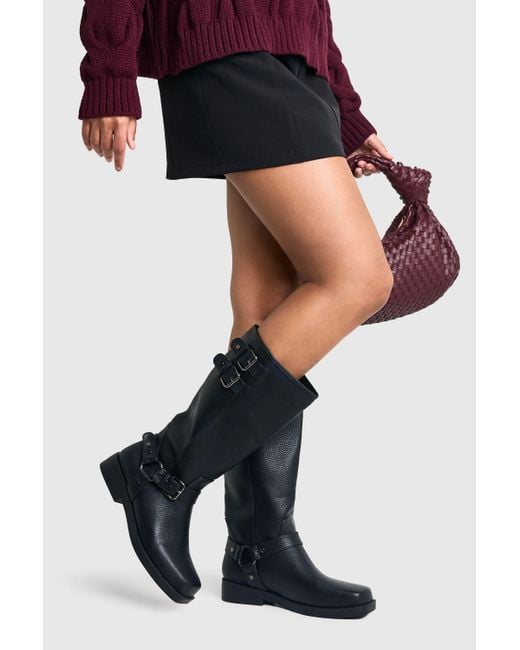 Boohoo Black Wide Fit Textured Leather Look Biker Buckle Detail Boots