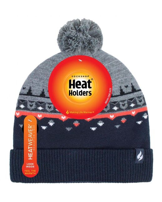 Heat Holders Blue Thin Knit Fleece Lined Pom Pom Hat for men
