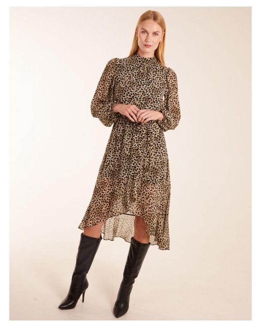 Blue Vanilla Brown Leopard Print High Neck Wrap Frill Hem Midi Dress