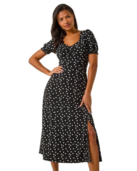 Roman Black Spotted Sweetheart Stretch Midi Dress