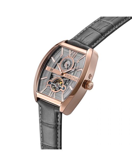 Heritor Metallic Masterson Semi-Skeleton Leather-Band Watch for men