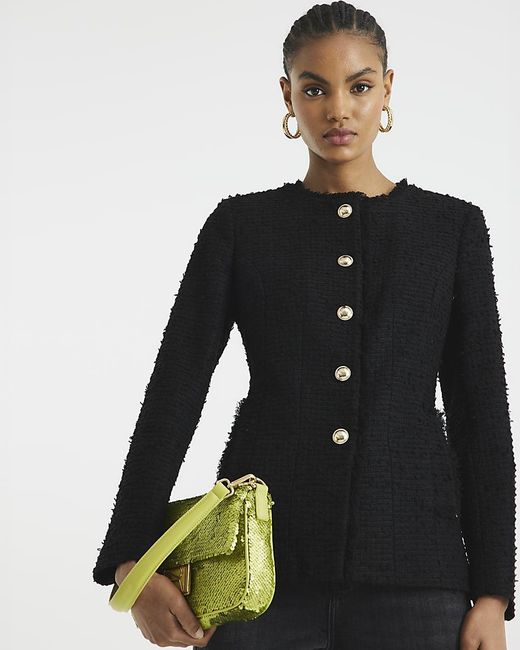 River Island Black Boucle Jacket Collarless
