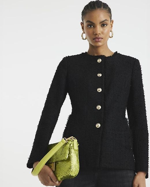 River Island Black Boucle Jacket Collarless
