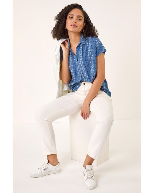 Roman White Floral Stripe Print V-Neck Top
