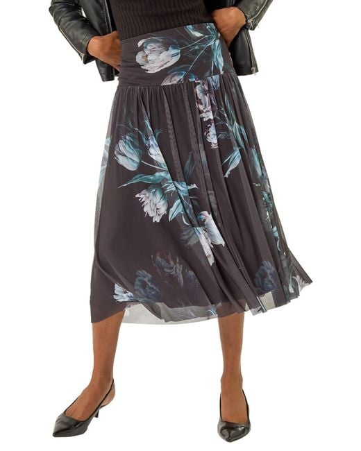 Roman Black Floral Print Mesh Layered Skirt