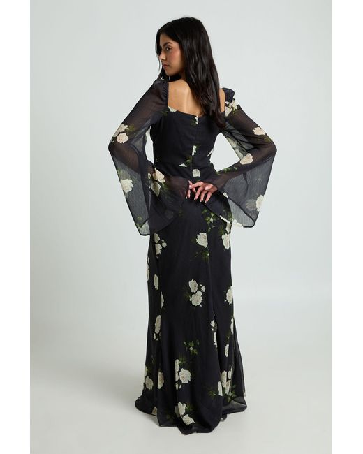 Boohoo Black Floral Chiffon Ruffle Maxi Dress