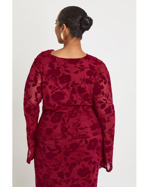 Boohoo Red Plus Devore Cowl Neck Long Sleeve Top