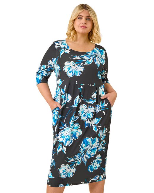 Roman Blue Curve Floral Print Pocket Dress