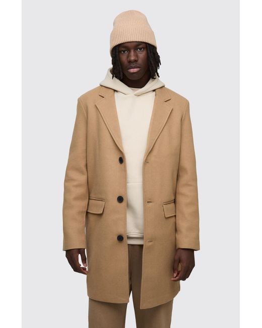 BoohooMAN Natural Single Breasted Wool Look Overcoat In Camel for men