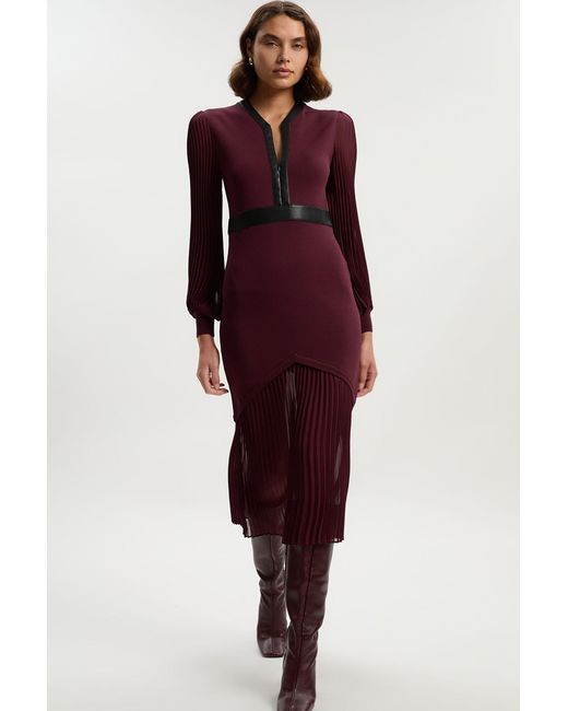 Karen Millen Red Woven Sleeved Pleated Dress With Pu