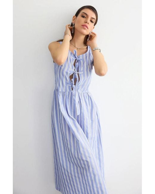 Hiccup White Striped Sleeveless Tie-Front Midi Dress