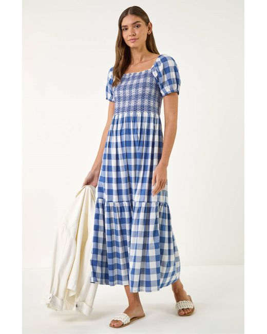 Roman Blue Check Print Shirred Midi Dress