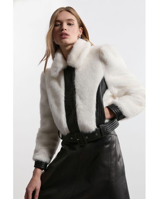 Karen Millen Gray Faux Fur Pu Panelled Belted Cropped Jacket