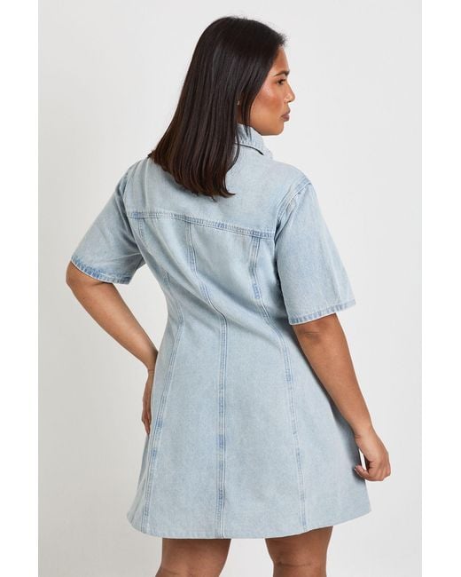Boohoo Blue Plus Short Sleeve Cinched Waist Denim Dress