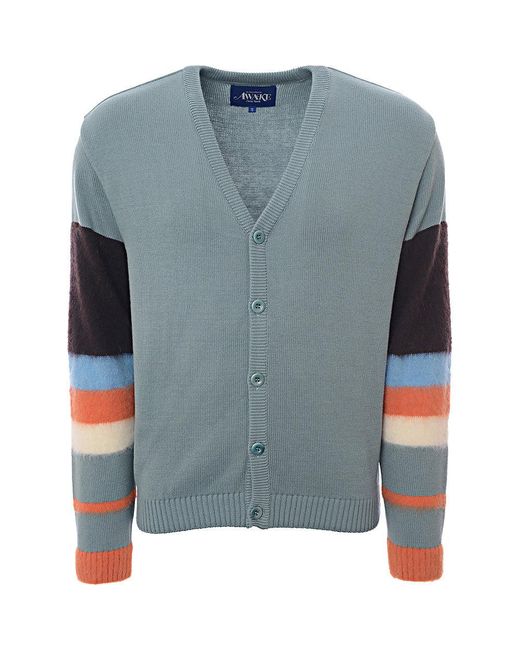 AWAKE NY Striped Sleeve Mohair Cardigan in Blue for Men