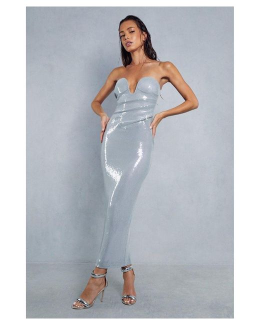 MissPap Blue Premium Sequin Plunge Curved Bust Bodycon Midaxi Dress