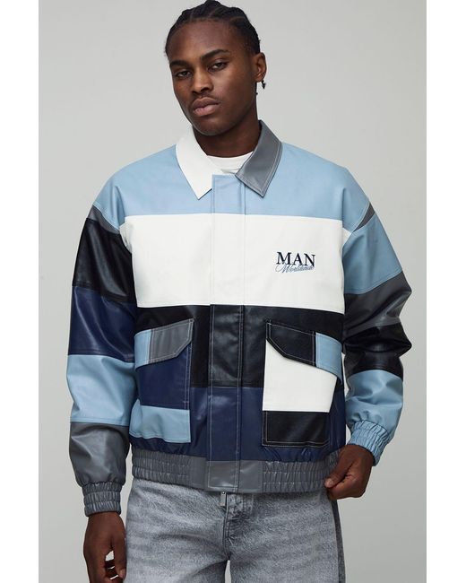 BoohooMAN Blue Oversized Fit Colour Block Pu Bomber Jacket for men