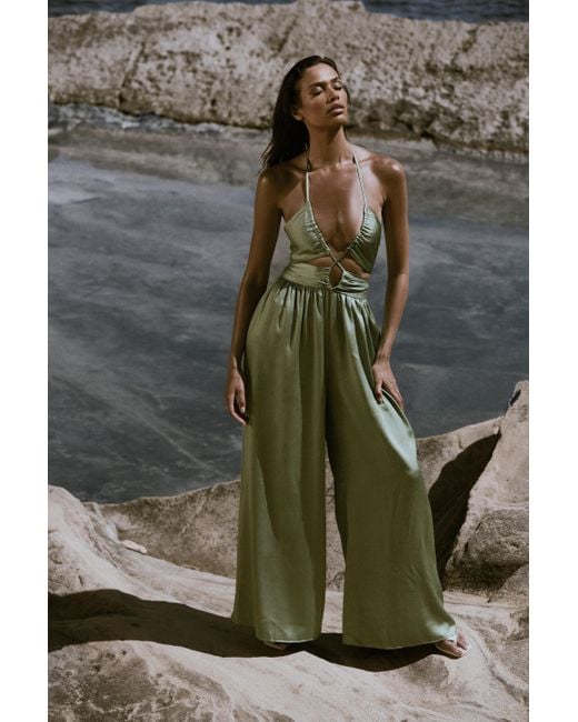 MissPap Green Textured Satin Strappy Cut Out Jumpsuit